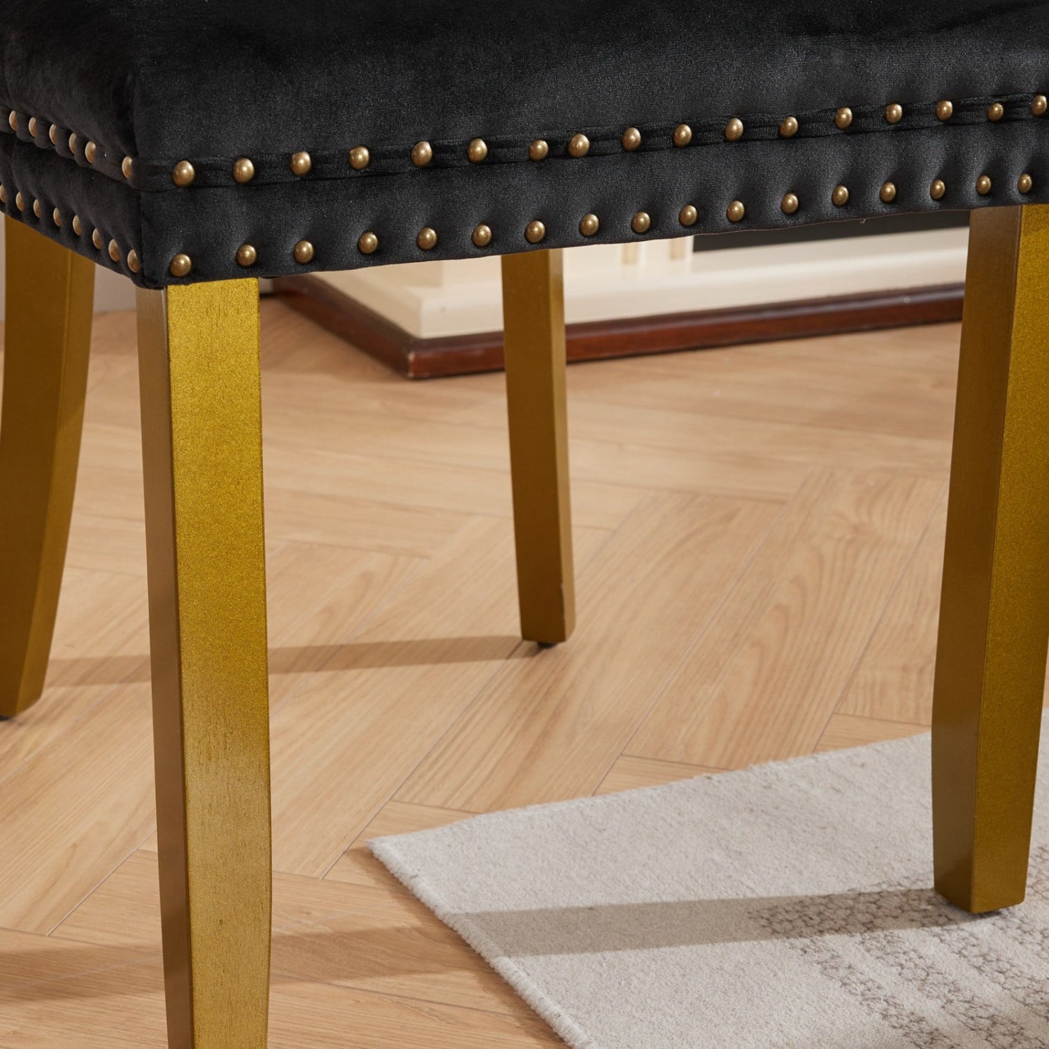 Set of Two Black And Gold Tufted Velvet And Solid Wood Dining Side Chairs