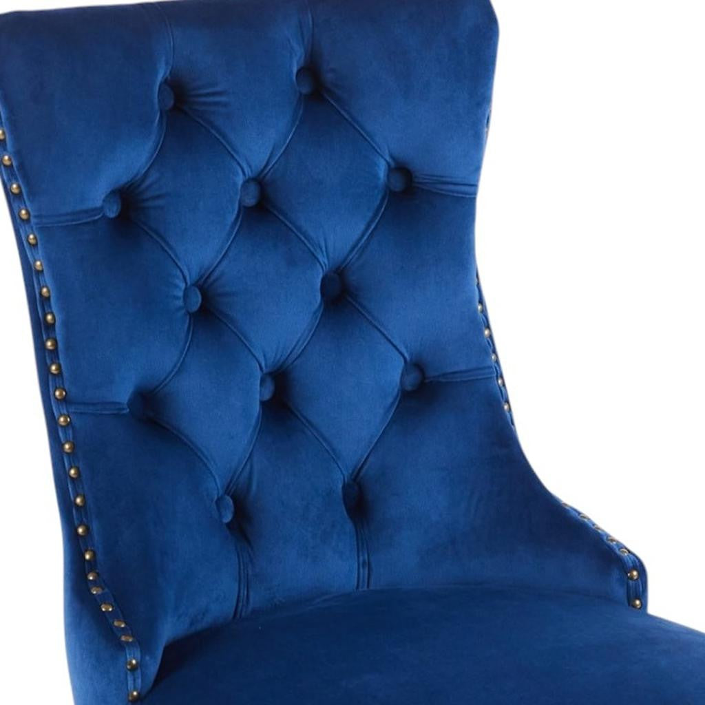Set of Two Blue And Gold Tufted Velvet And Solid Wood Dining Side Chairs