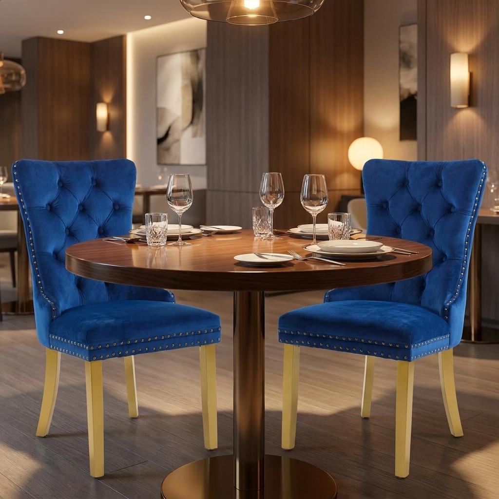 Set of Two Blue And Gold Tufted Velvet And Solid Wood Dining Side Chairs