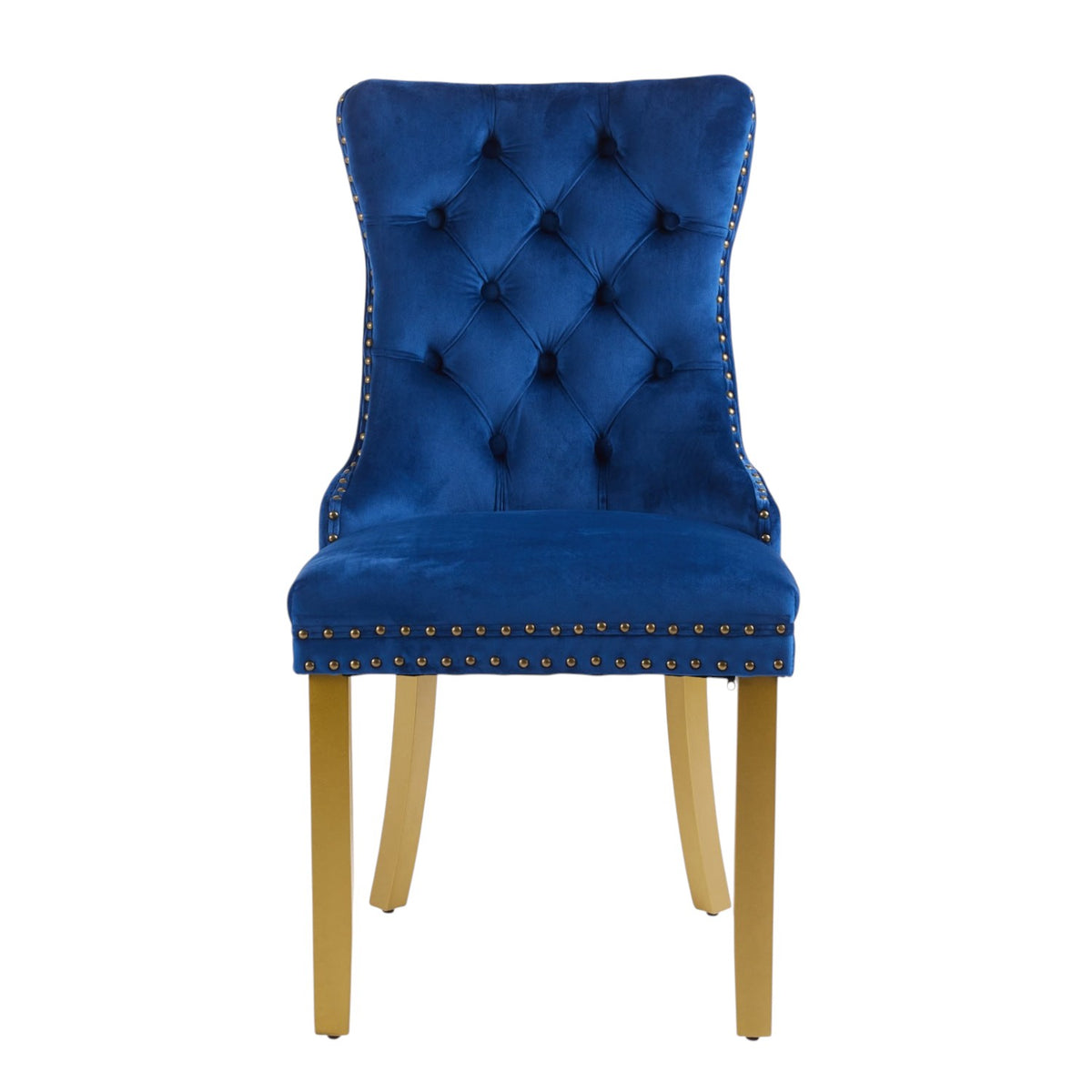 Set of Two Blue And Gold Tufted Velvet And Solid Wood Dining Side Chairs