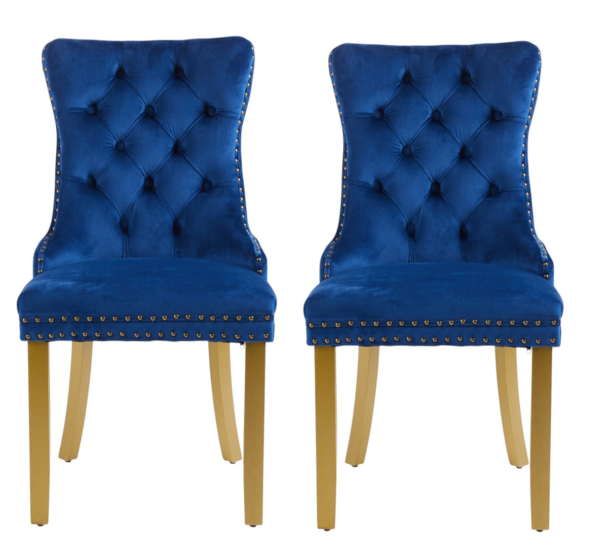 Set of Two Blue And Gold Tufted Velvet And Solid Wood Dining Side Chairs
