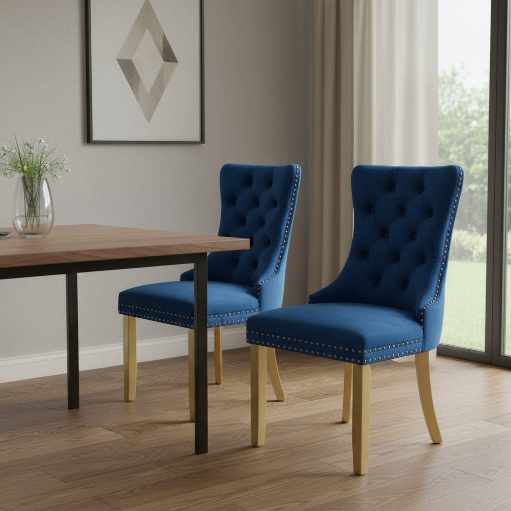 Set of Two Blue And Gold Tufted Velvet And Solid Wood Dining Side Chairs