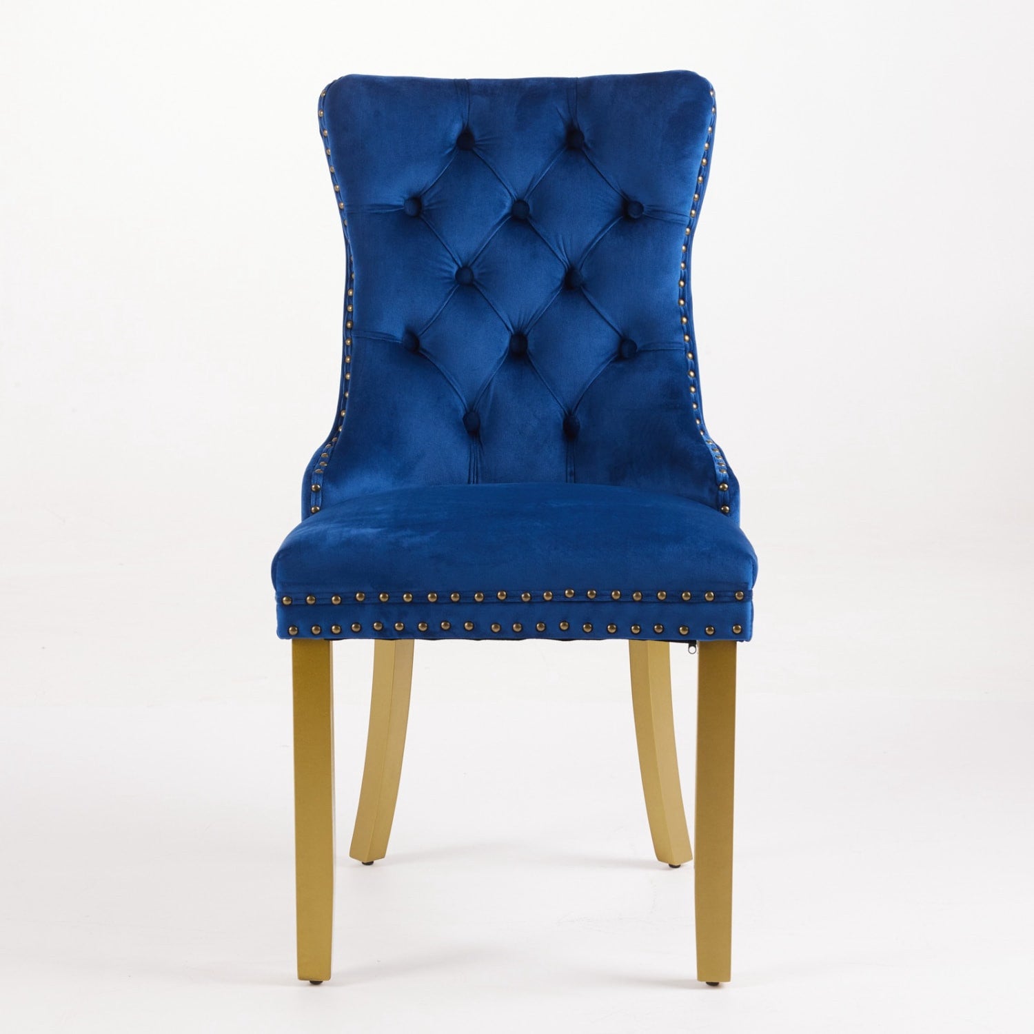 Set of Two Blue And Gold Tufted Velvet And Solid Wood Dining Side Chairs