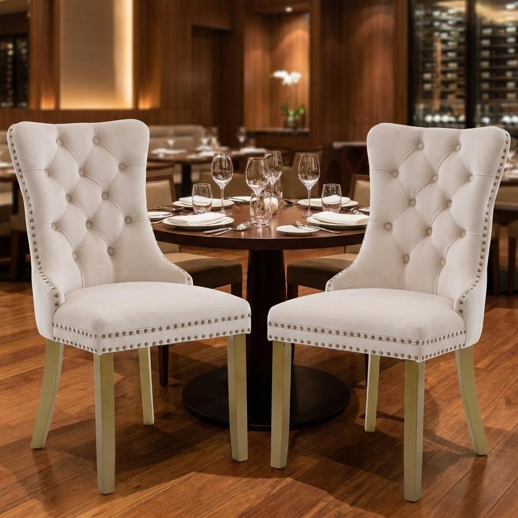 Set of Two Beige White And Gold Tufted Velvet And Solid Wood Dining Side Chairs