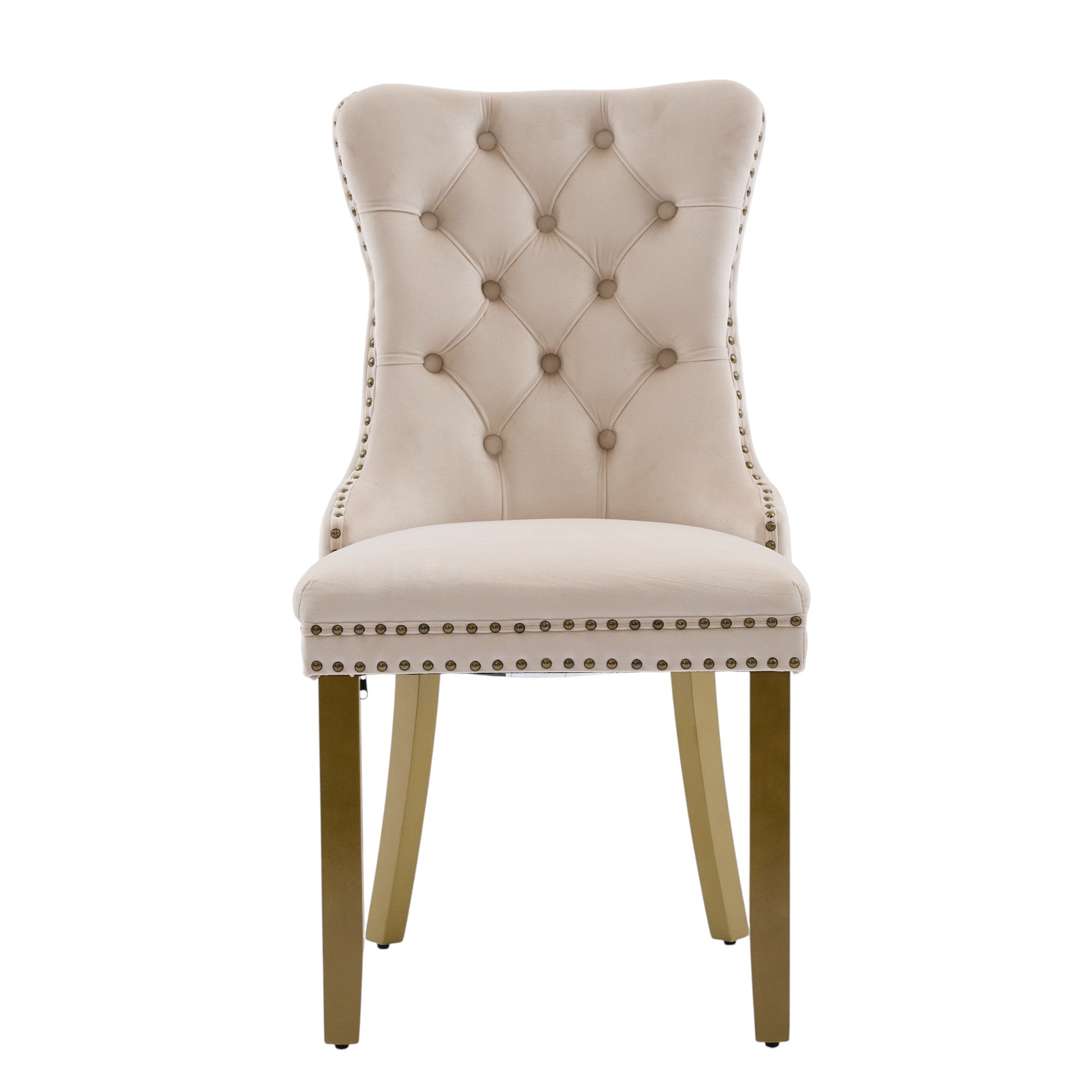 Set of Two Beige White And Gold Tufted Velvet And Solid Wood Dining Side Chairs
