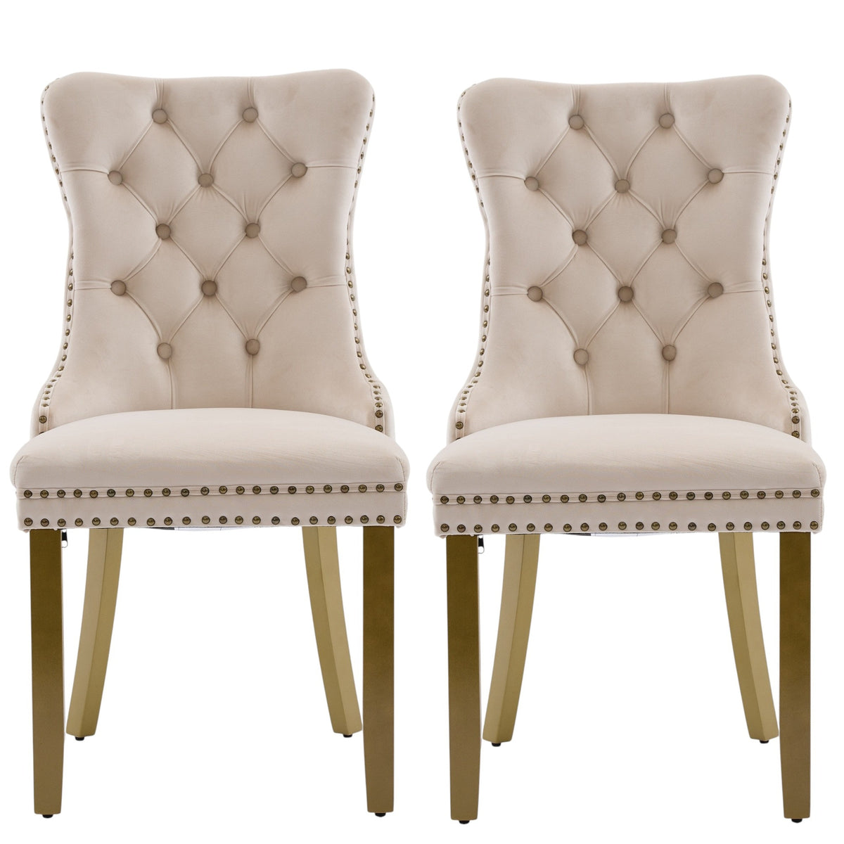 Set of Two Beige White And Gold Tufted Velvet And Solid Wood Dining Side Chairs