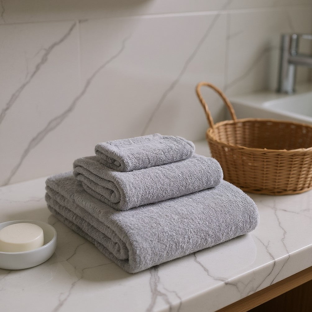 Set of Three Light Gray Cotton Quick Dry Terry Cloth Towels