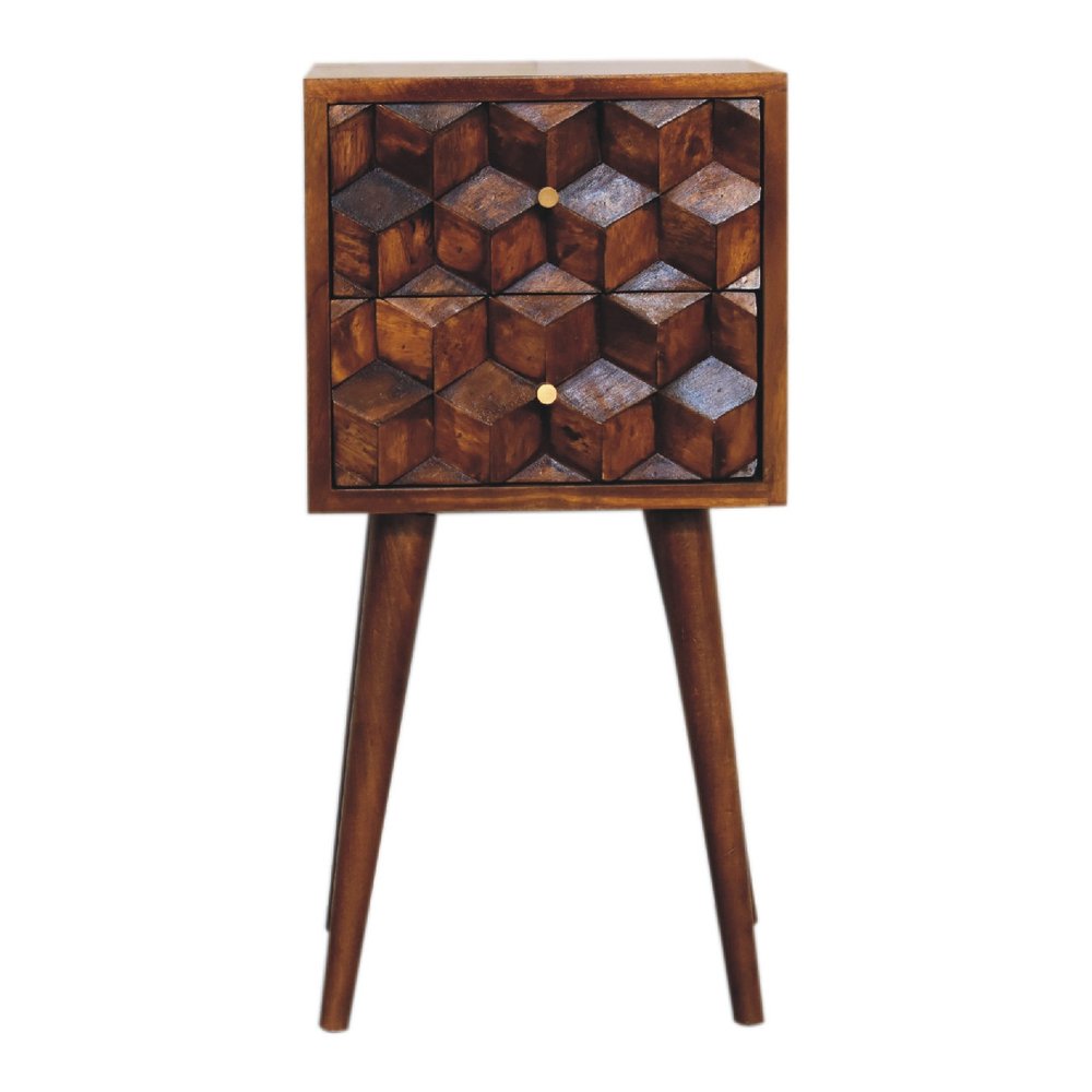 24" Brown Solid Wood Carved Geometric Two Drawer Nightstand