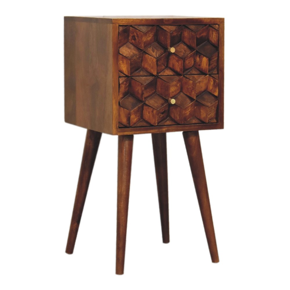 24" Brown Solid Wood Carved Geometric Two Drawer Nightstand
