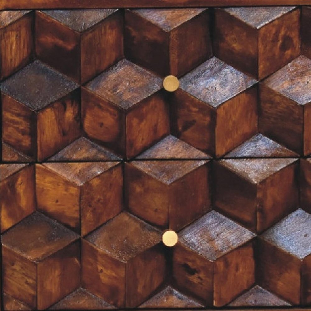 24" Brown Solid Wood Carved Geometric Two Drawer Nightstand