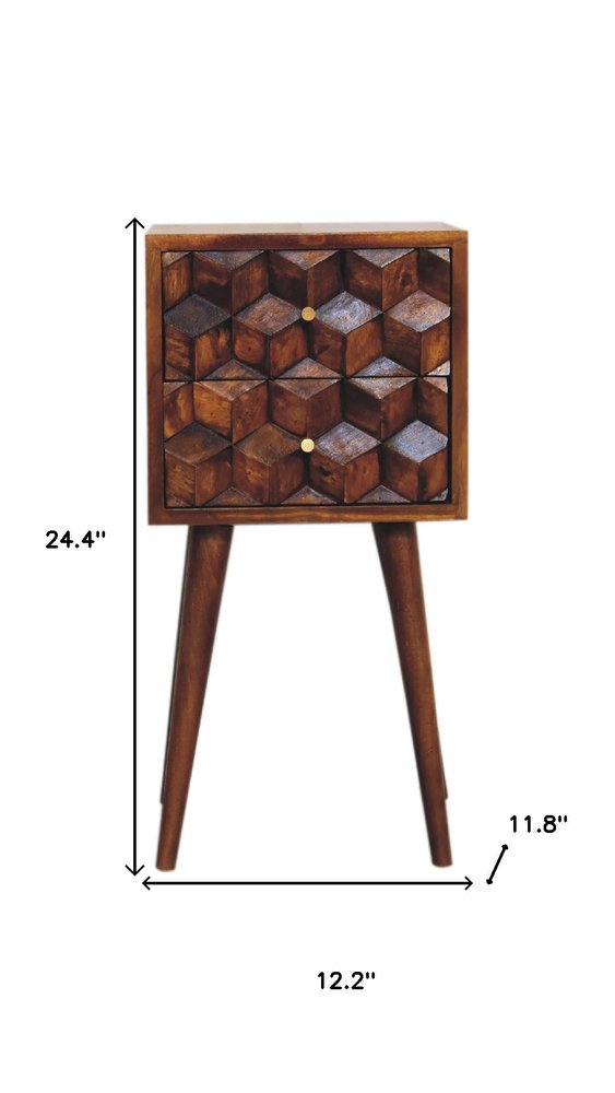 24" Brown Solid Wood Carved Geometric Two Drawer Nightstand