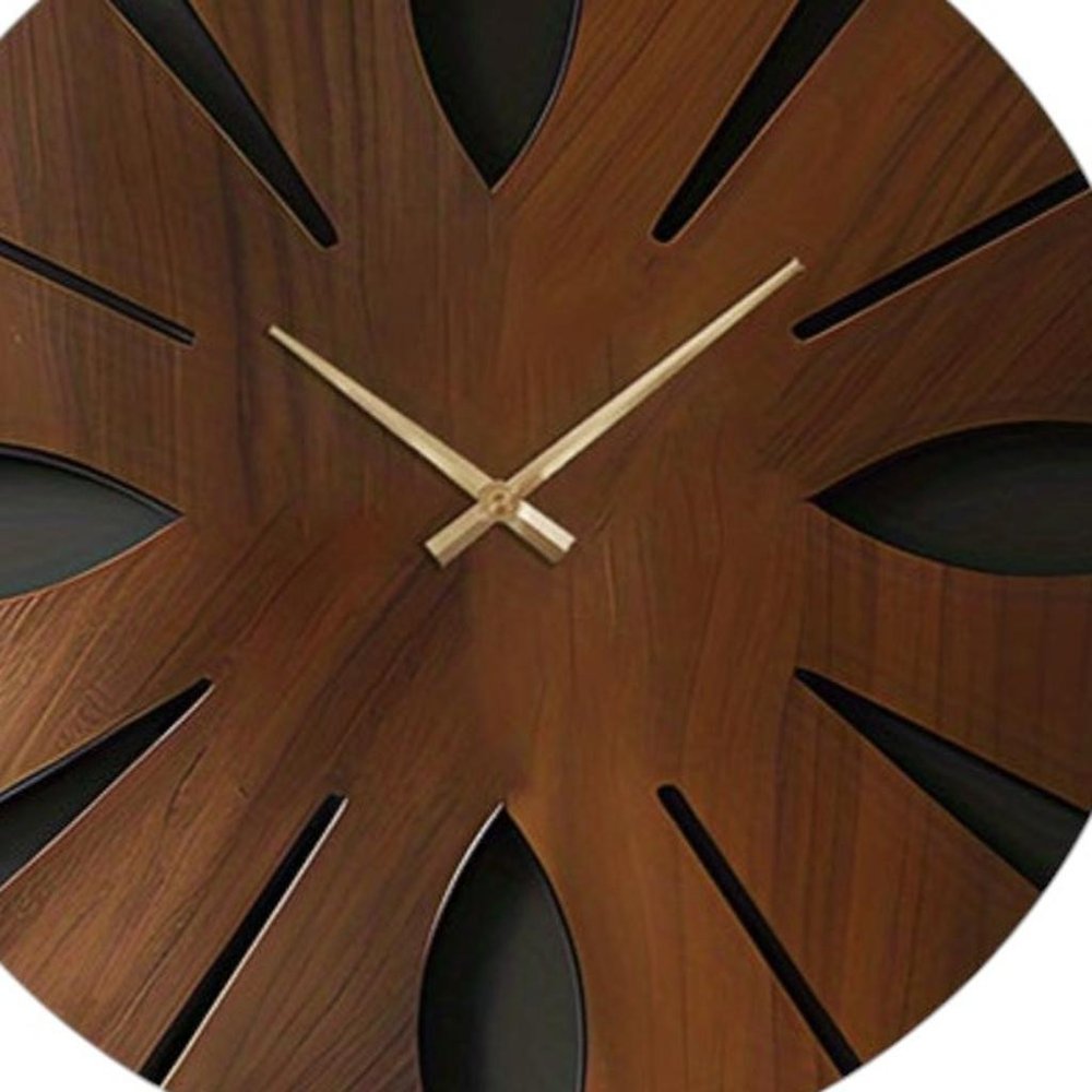 14" Brown Solid Wood Silent Analog Abstract Round Wall Clock