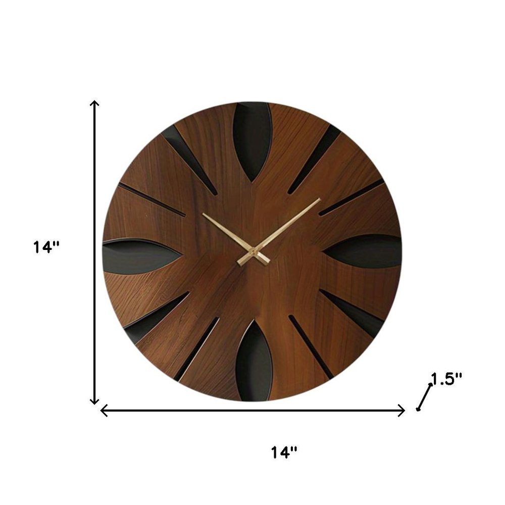 14" Brown Solid Wood Silent Analog Abstract Round Wall Clock