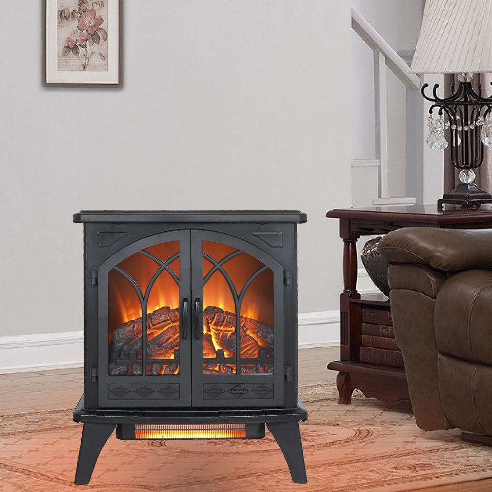24" Black Carved Geometric Metal Electric Fireplace