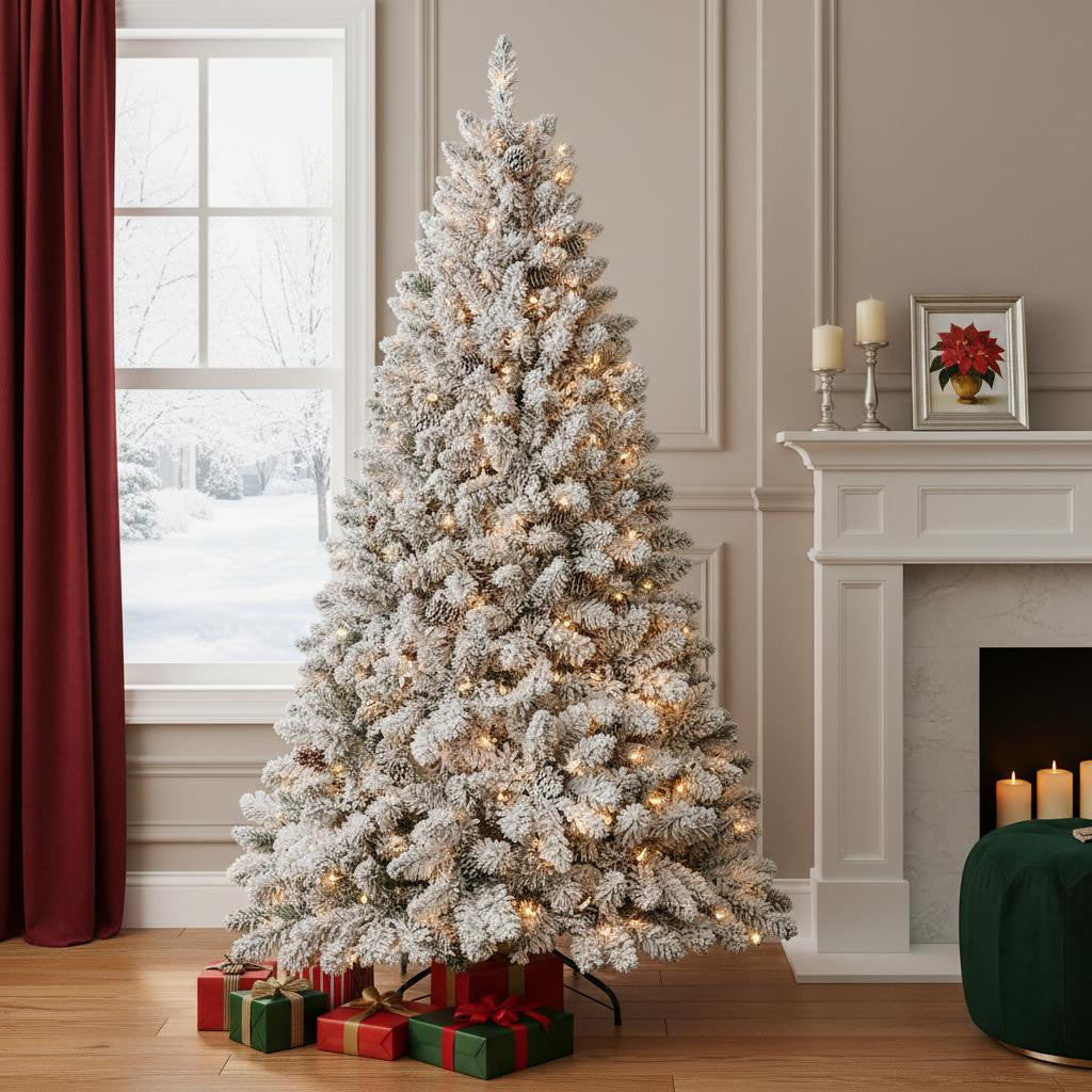 6' Pre Lit Full Flocked Spruce Christmas Tree