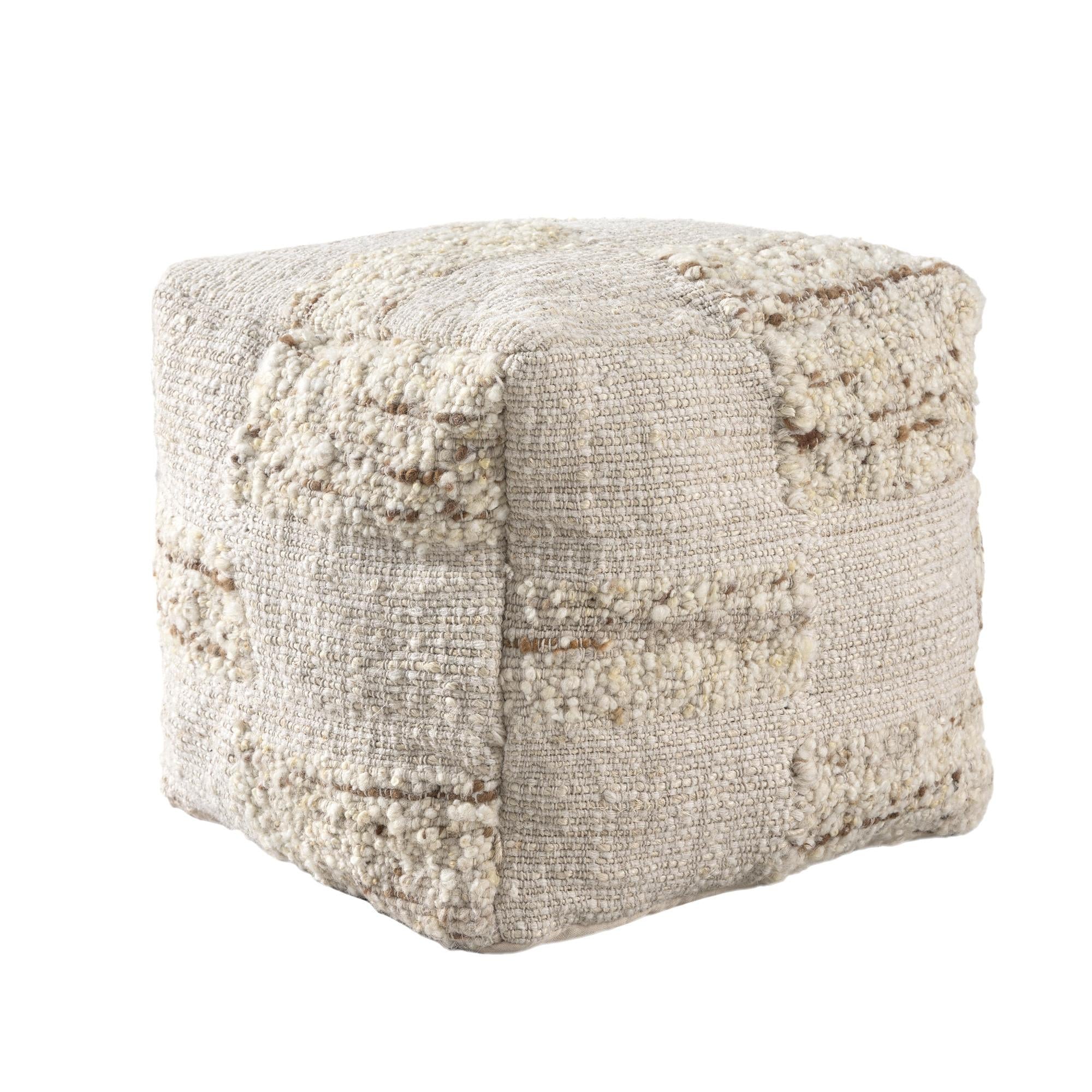 18" Off White And Natural Cotton Jute And Wool Checkered Cube Pouf Ottoman