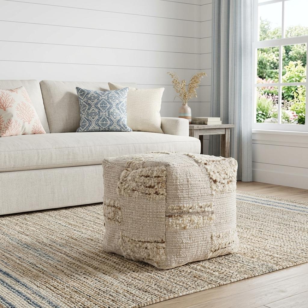 18" Off White And Natural Cotton Jute And Wool Checkered Cube Pouf Ottoman
