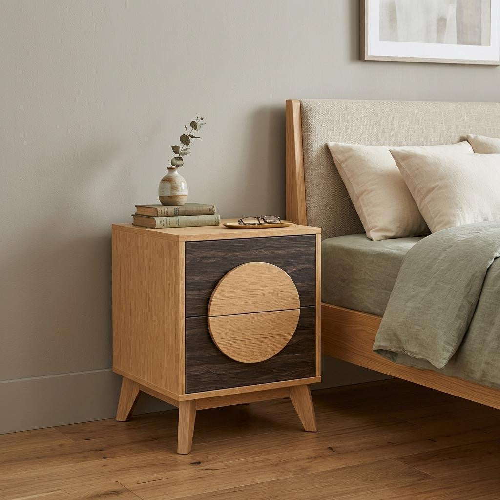 21" Oak And Dark Brown Solid Wood Square Two Drawer Nightstand