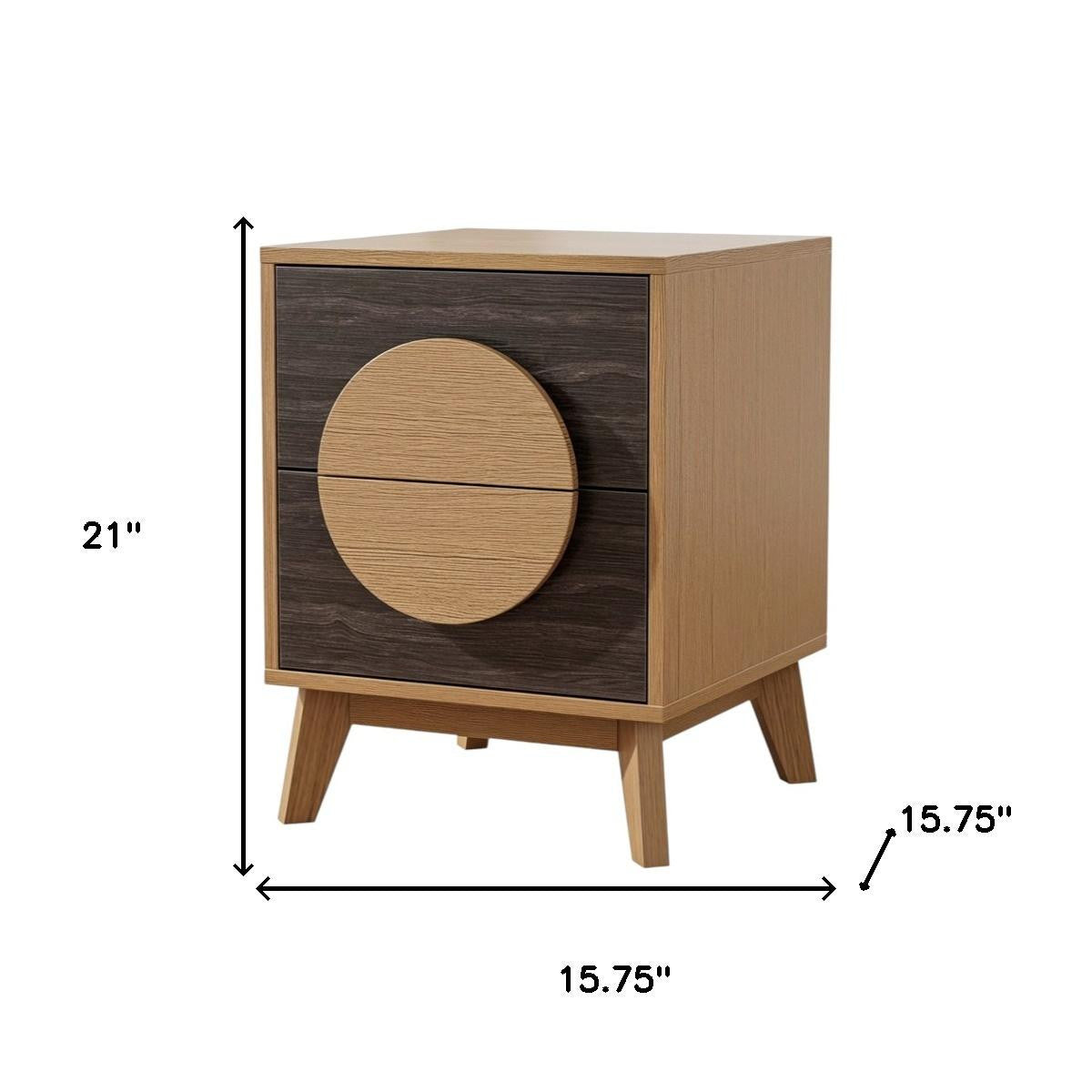 21" Oak And Dark Brown Solid Wood Square Two Drawer Nightstand