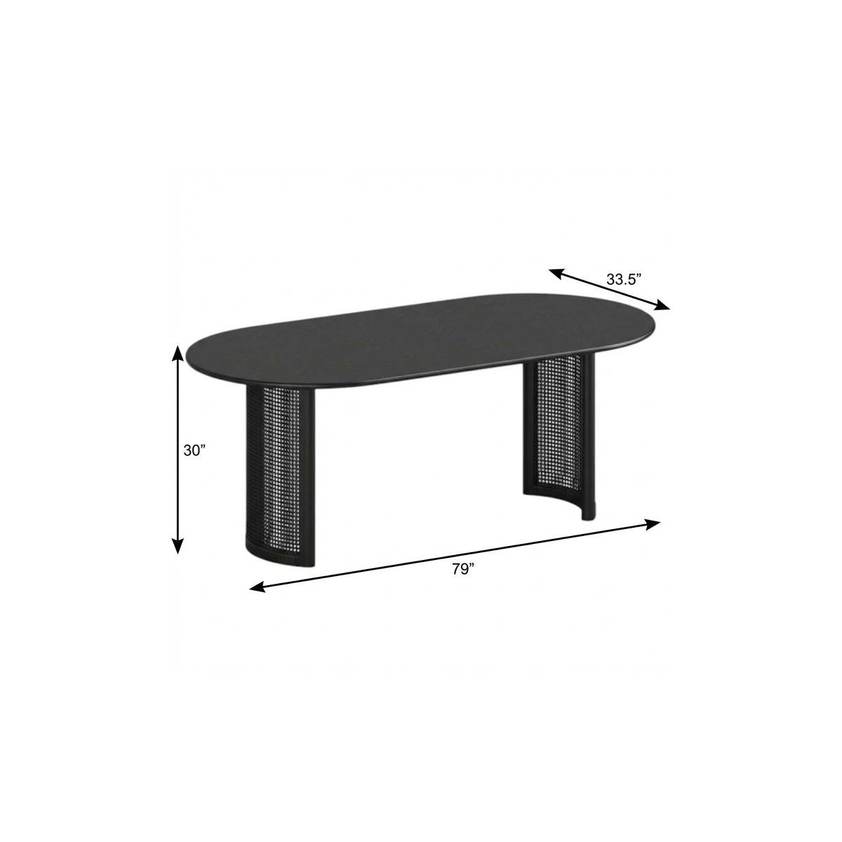 79" Black Solid Wood Double And Rattan Pedestal Base Oval Dining Table