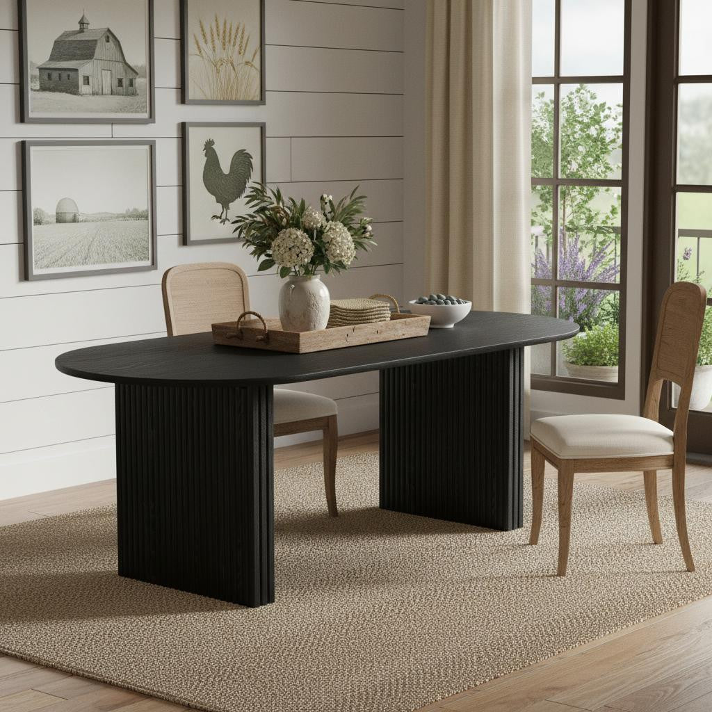 79" Black Solid Wood Double Pedestal Base Oval Dining Table