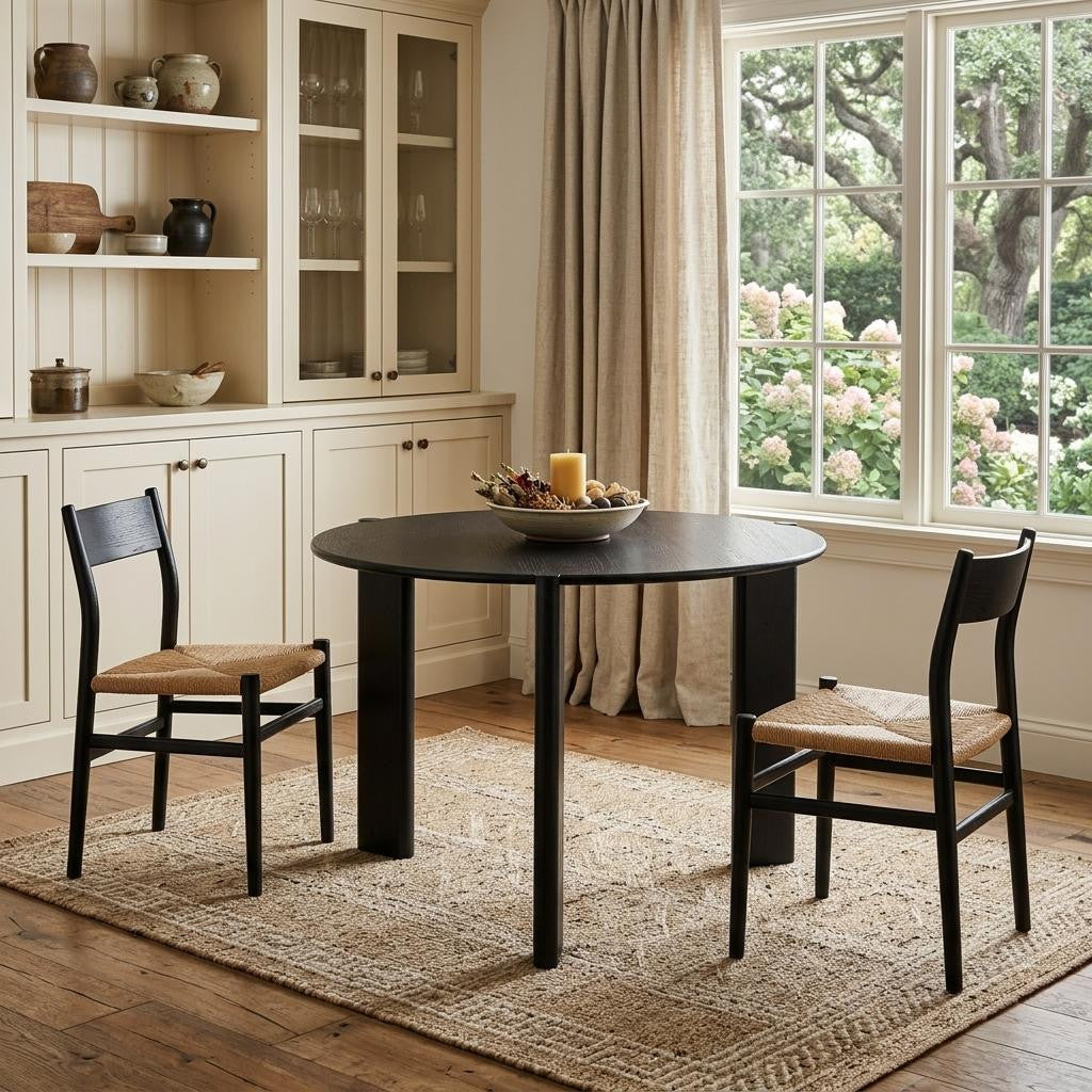 42" Black Solid Wood Three Leg Base Round Top Dining Table