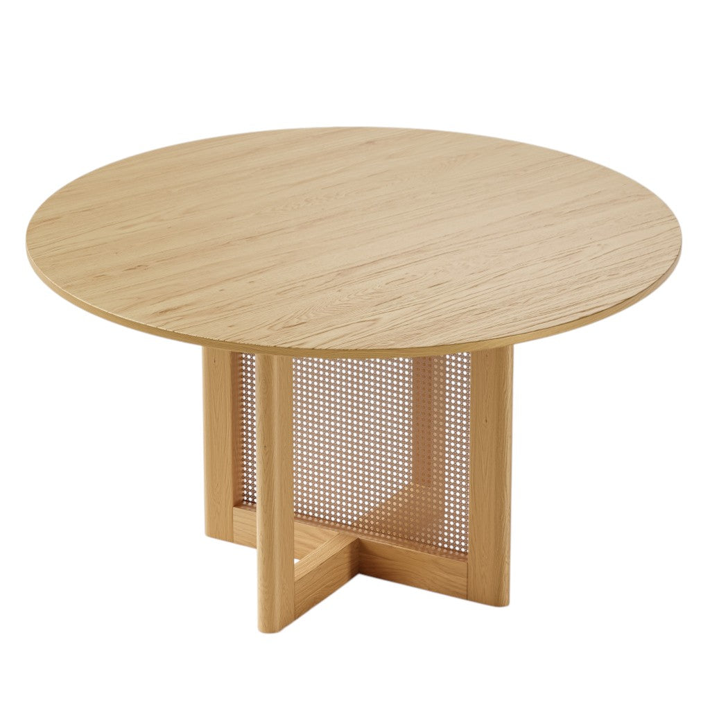 52" Natural Solid Wood and Rattan Cross Leg Base Round Top Dining Table