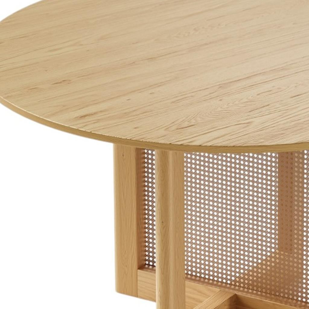 52" Natural Solid Wood and Rattan Cross Leg Base Round Top Dining Table