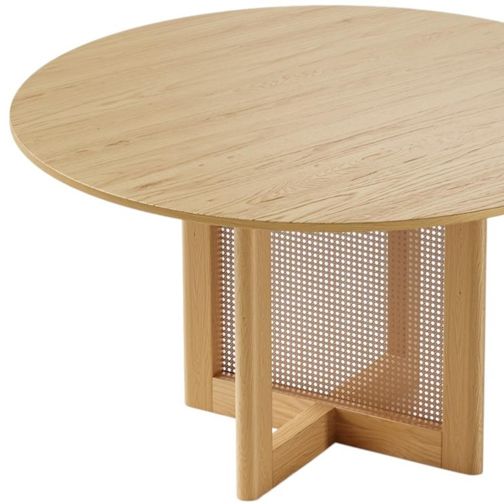 52" Natural Solid Wood and Rattan Cross Leg Base Round Top Dining Table