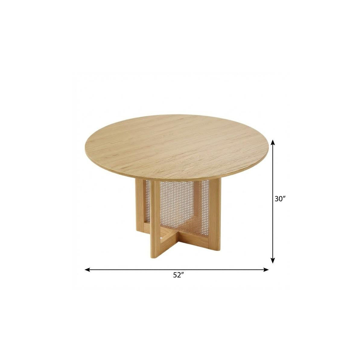 52" Natural Solid Wood and Rattan Cross Leg Base Round Top Dining Table
