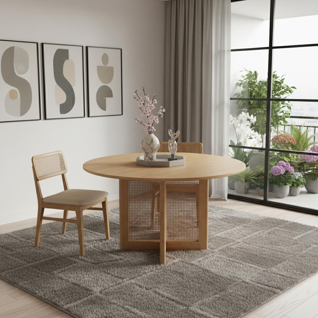 52" Natural Solid Wood and Rattan Cross Leg Base Round Top Dining Table