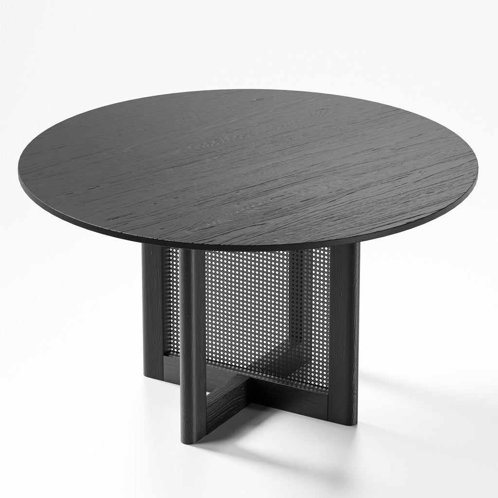 52" Black Solid Wood and Rattan Cross Leg Base Round Top Dining Table