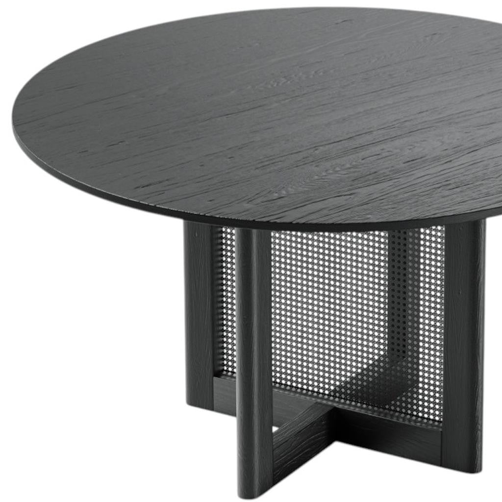 52" Black Solid Wood and Rattan Cross Leg Base Round Top Dining Table