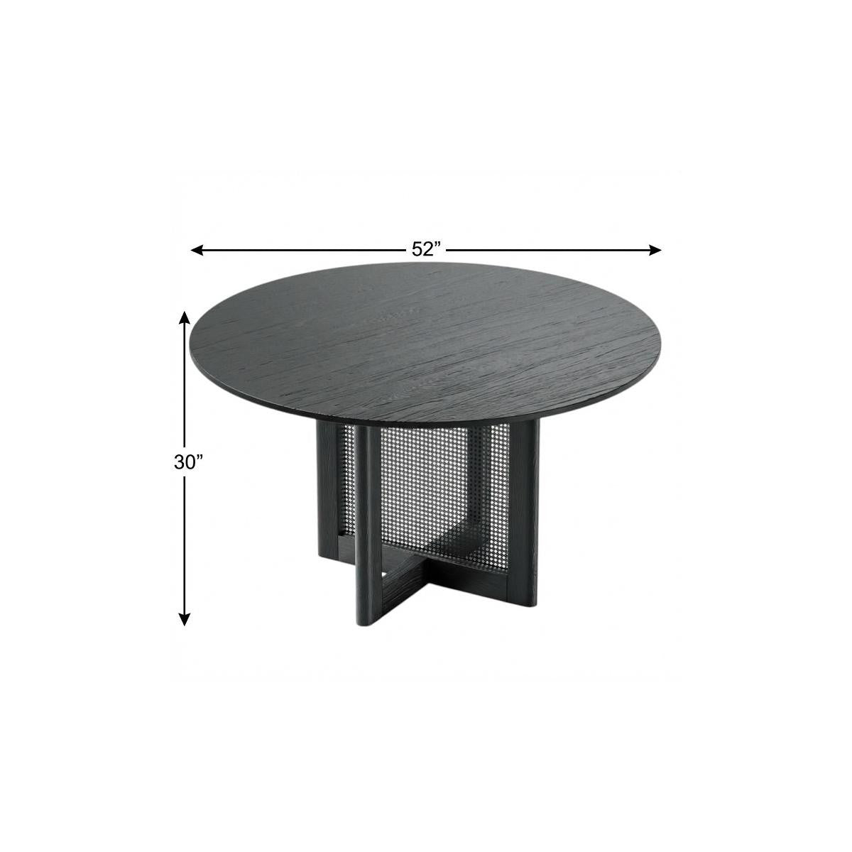 52" Black Solid Wood and Rattan Cross Leg Base Round Top Dining Table