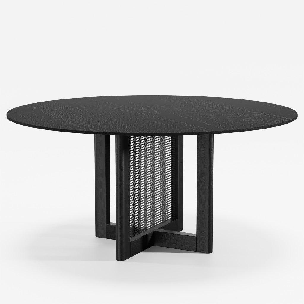 60" Black Solid Wood and Rattan Cross Leg Base Round Top Dining Table