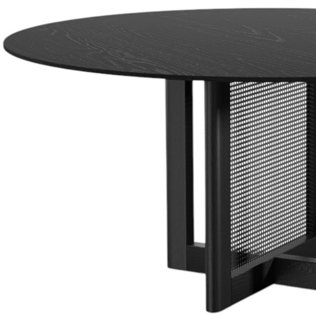 60" Black Solid Wood and Rattan Cross Leg Base Round Top Dining Table