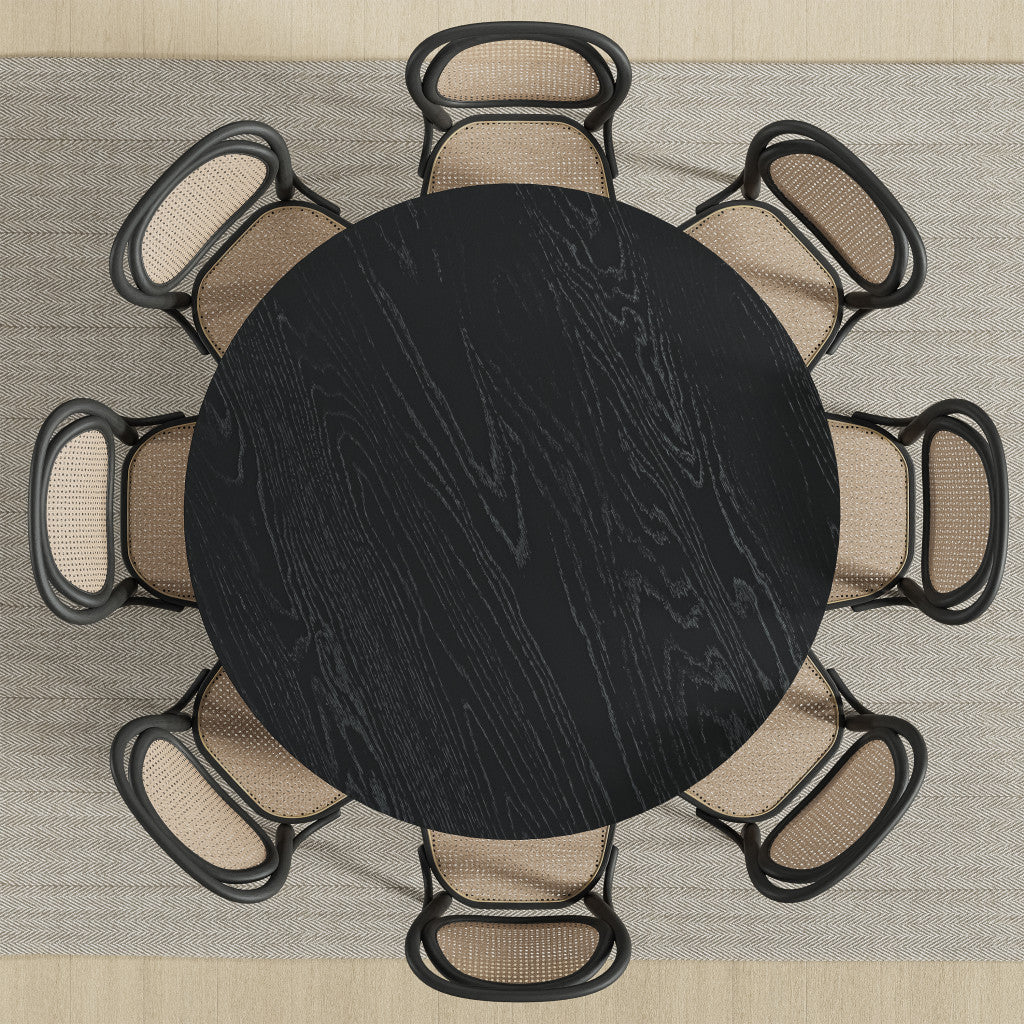 60" Black Solid Wood and Rattan Cross Leg Base Round Top Dining Table