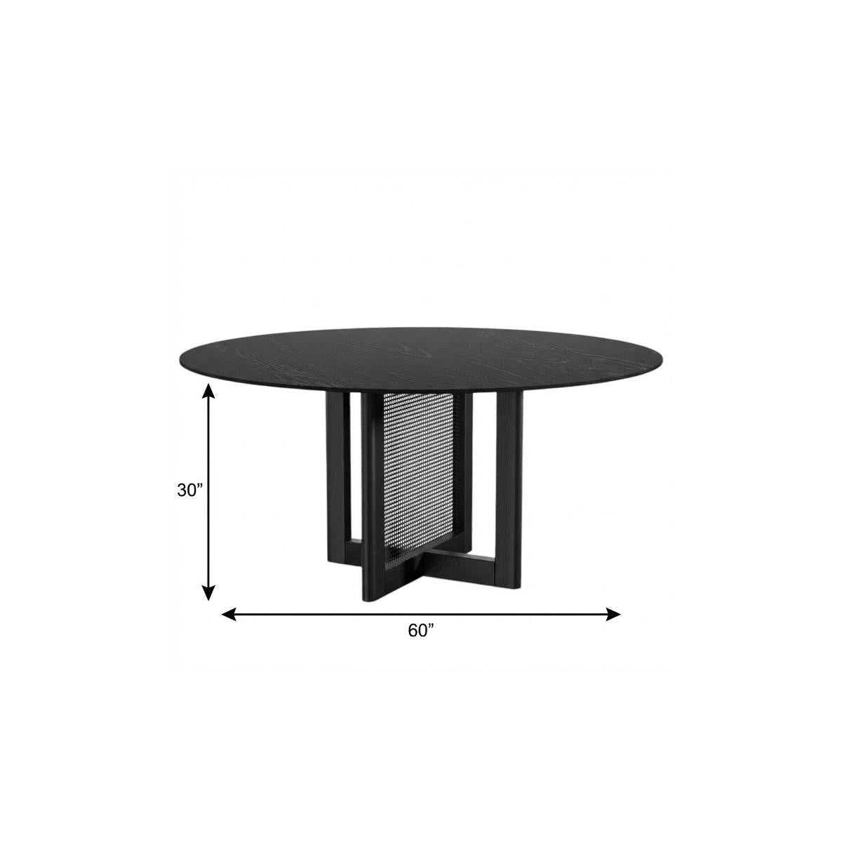 60" Black Solid Wood and Rattan Cross Leg Base Round Top Dining Table