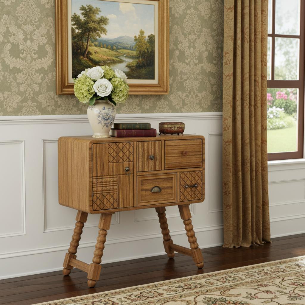 32" Sepia Solid Wood Console Accent Cabinet With Single Door And Four Drawers