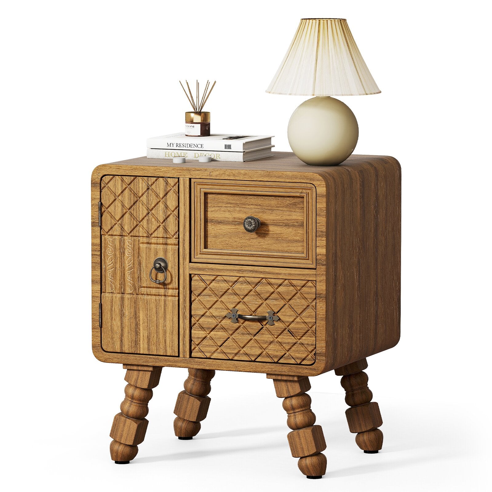 19" Sepia Solid Wood Accent Cabinet With Single Door And Two Drawers