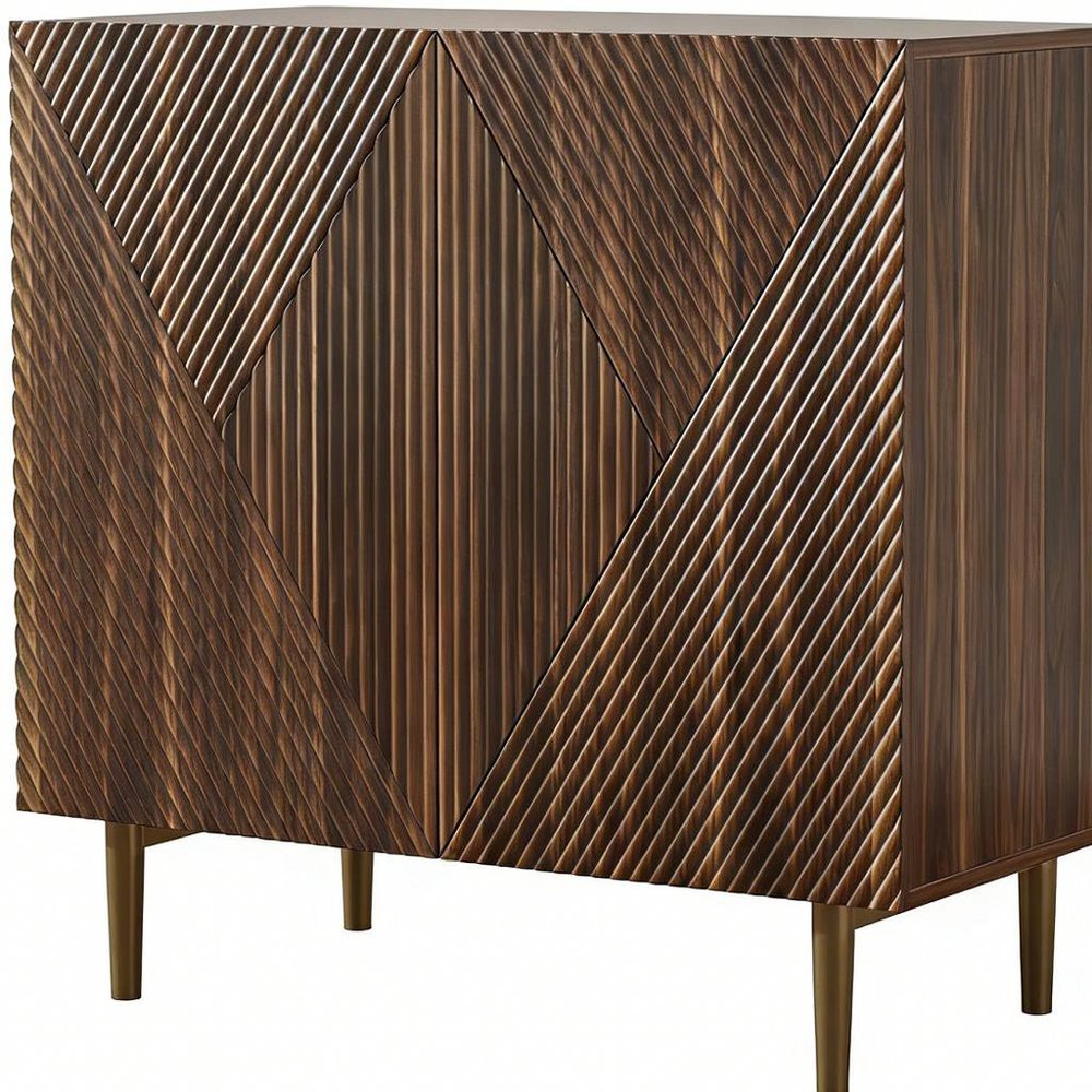 32" Brown Wood Carved Geometric Sideboard With Two Doors