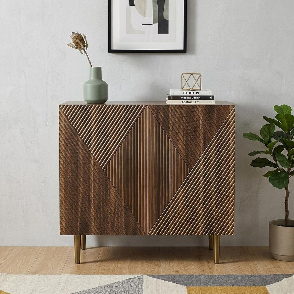 32" Brown Wood Carved Geometric Sideboard With Two Doors