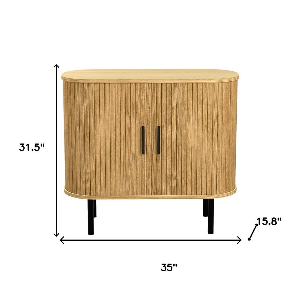 35" Natural Wood Ribbed Texture Sideboard With Two Sliding Doors