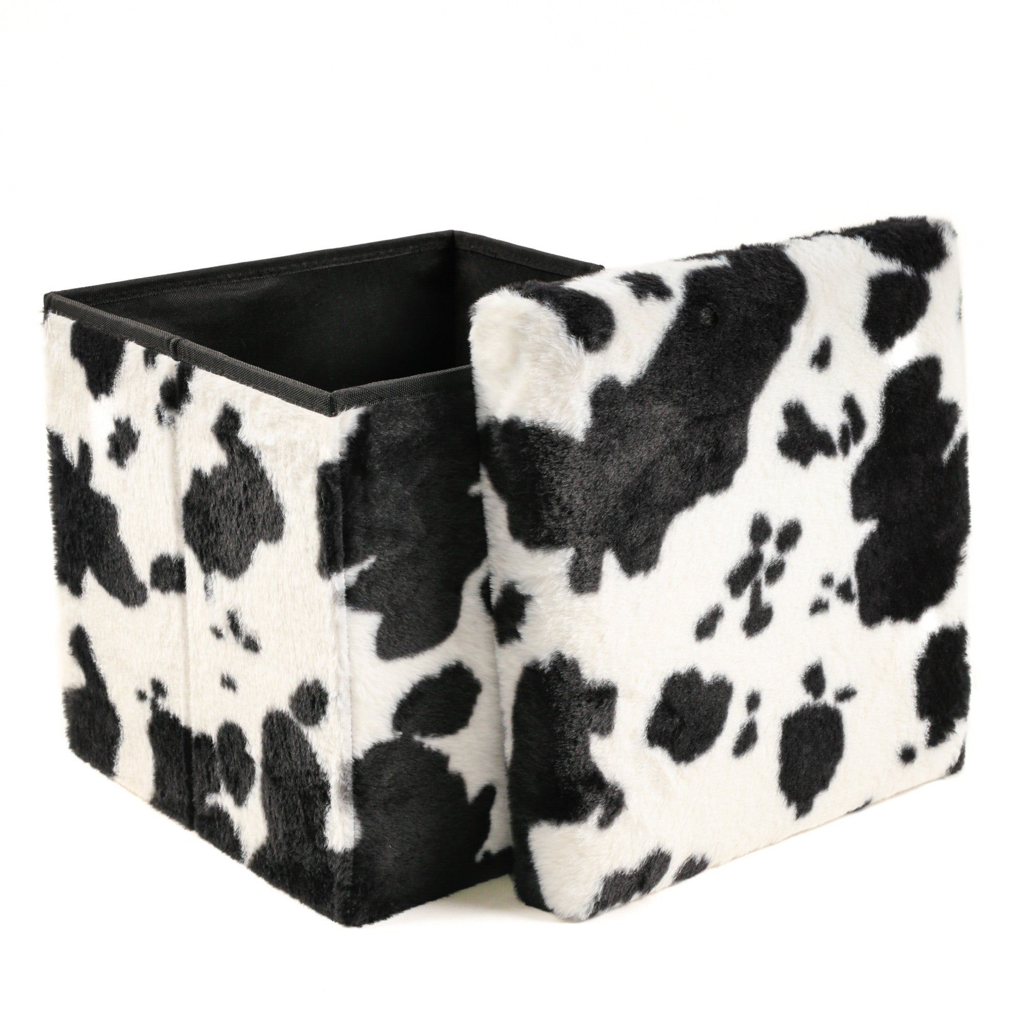 12" Black And White Faux Fur Cow Print Ottoman