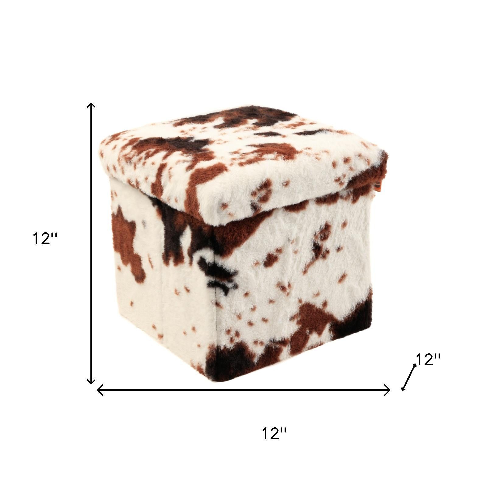 12" Brown And White Faux Fur Cow Print Ottoman