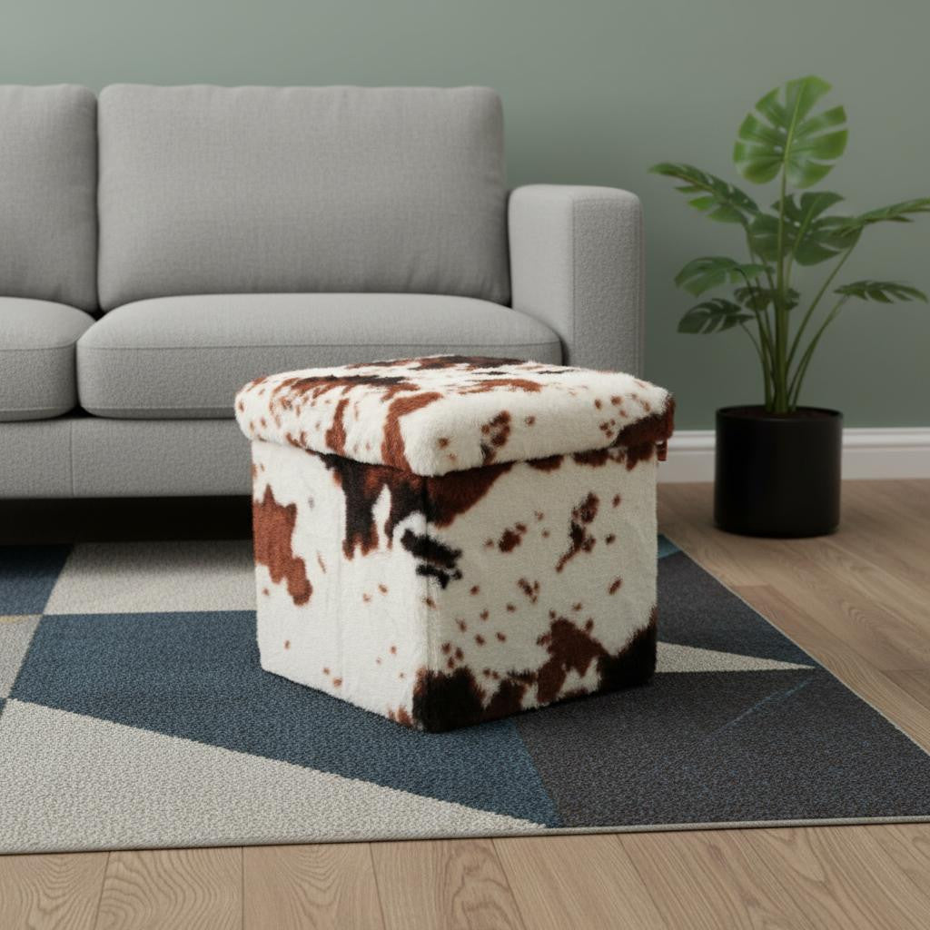 12" Brown And White Faux Fur Cow Print Ottoman
