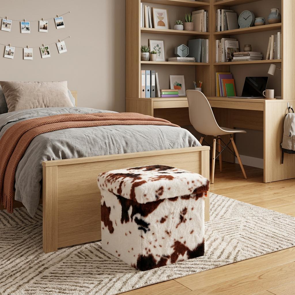 12" Brown And White Faux Fur Cow Print Ottoman