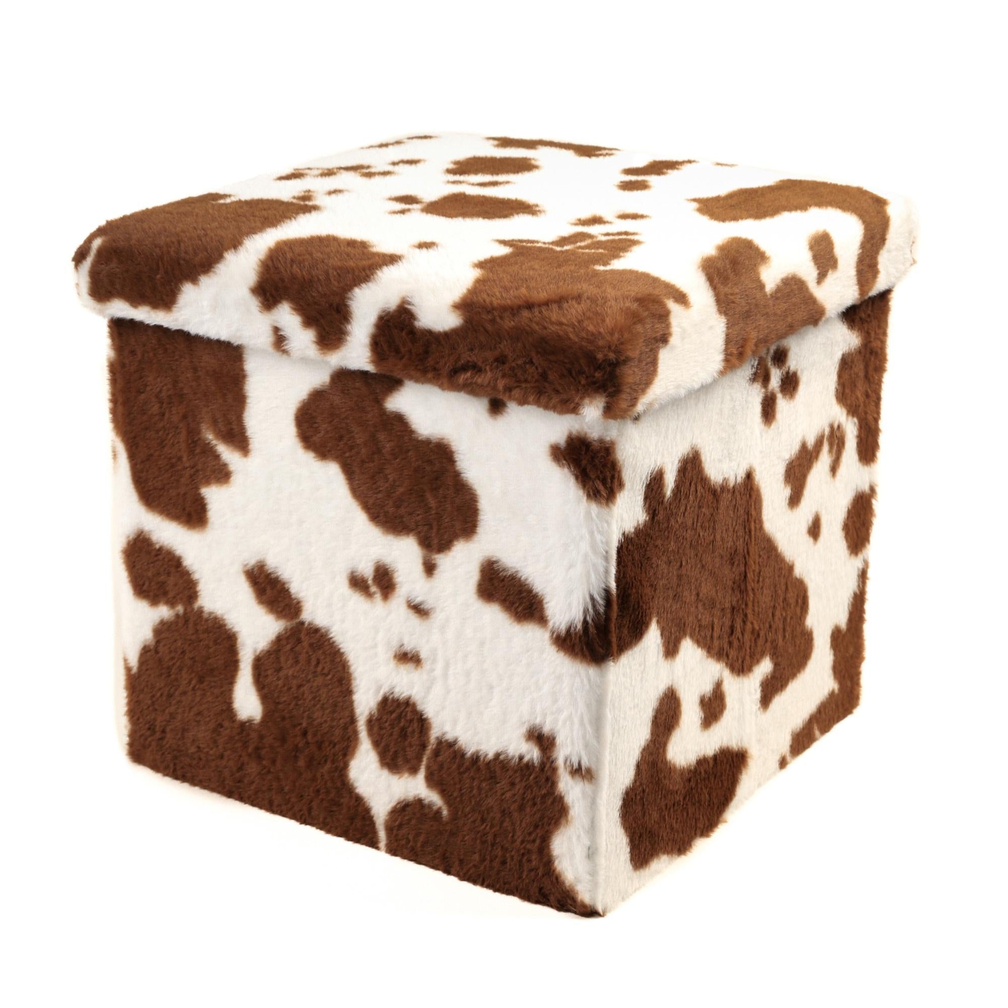 15" White And Brown Faux Fur Cow Print Ottoman