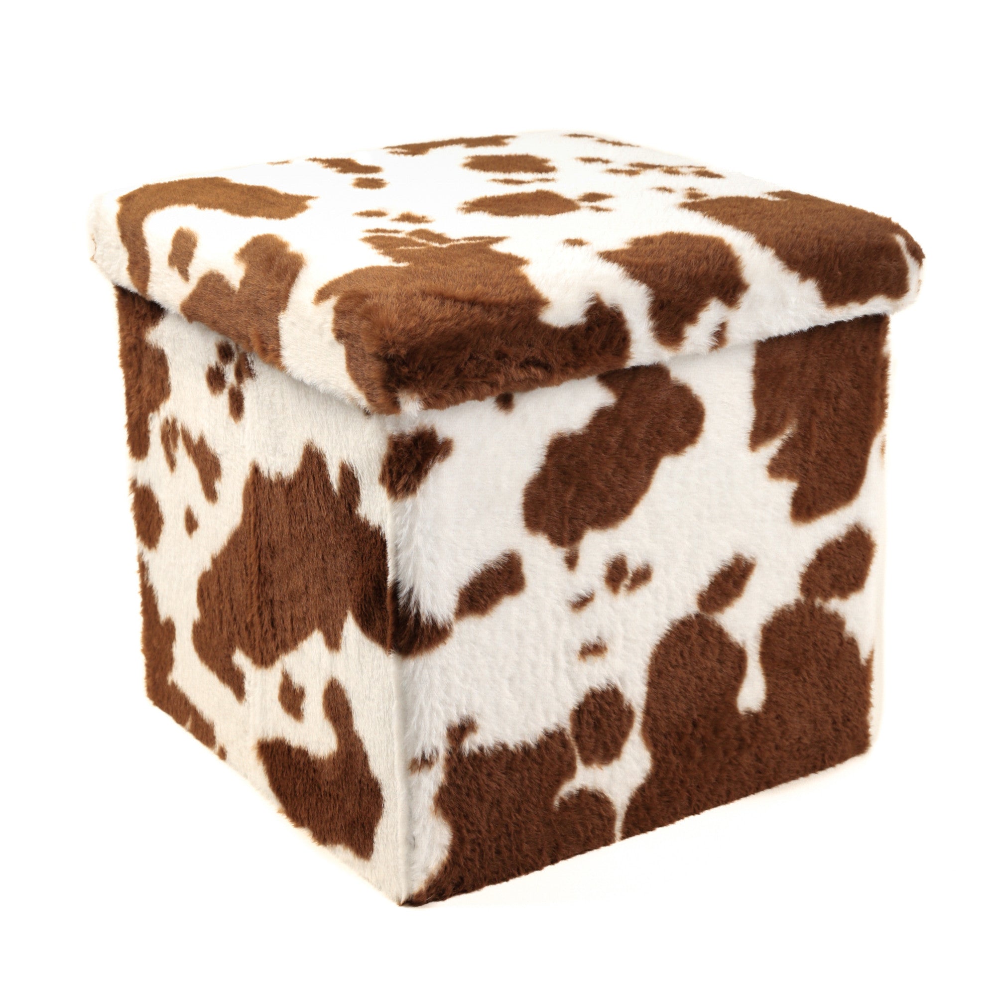 15" White And Brown Faux Fur Cow Print Ottoman