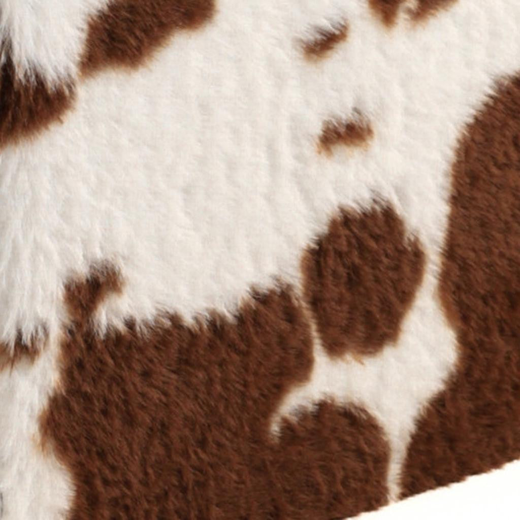 15" White And Brown Faux Fur Cow Print Ottoman